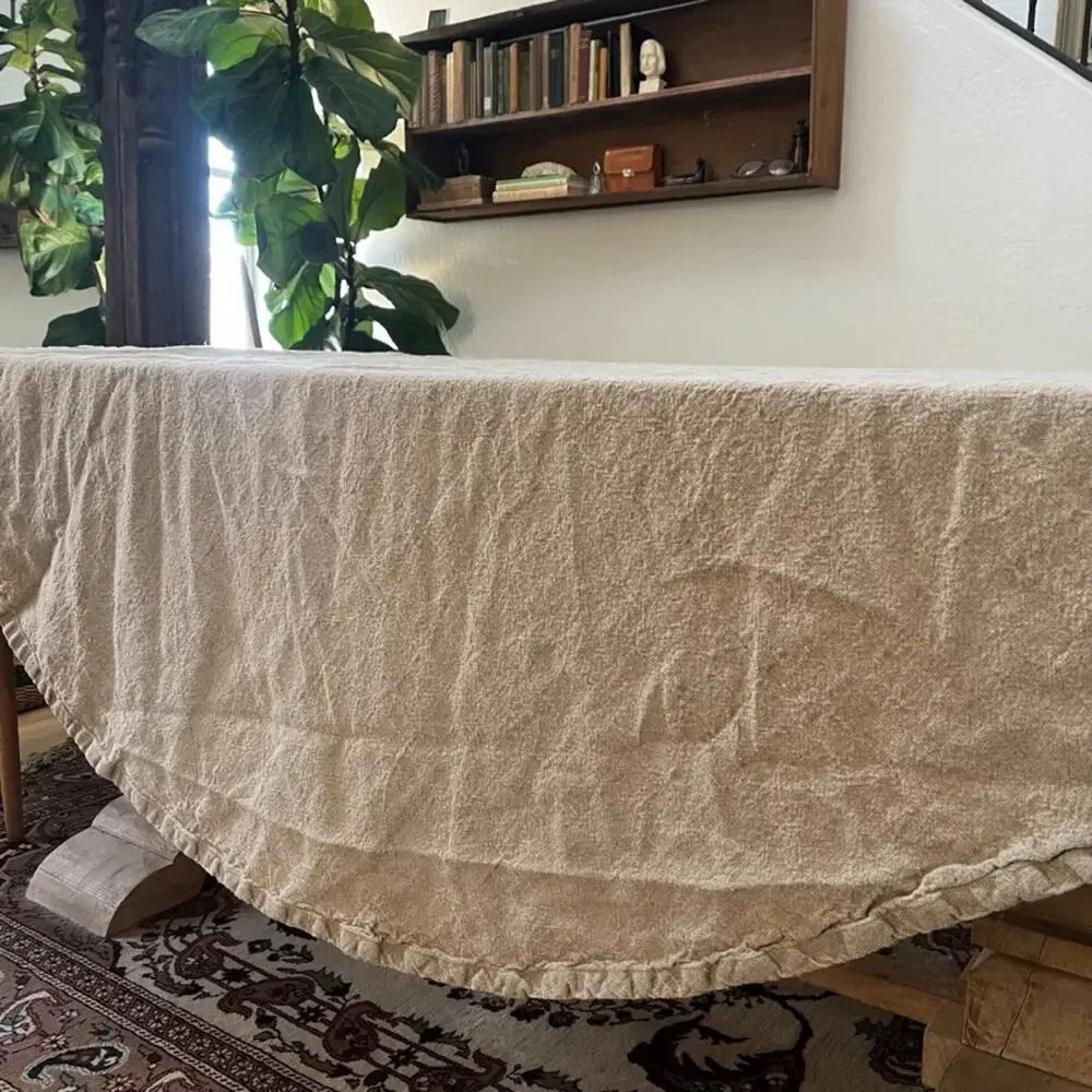 Crate & Barrel Round Linen Neutral Beckett Tablecloth 90